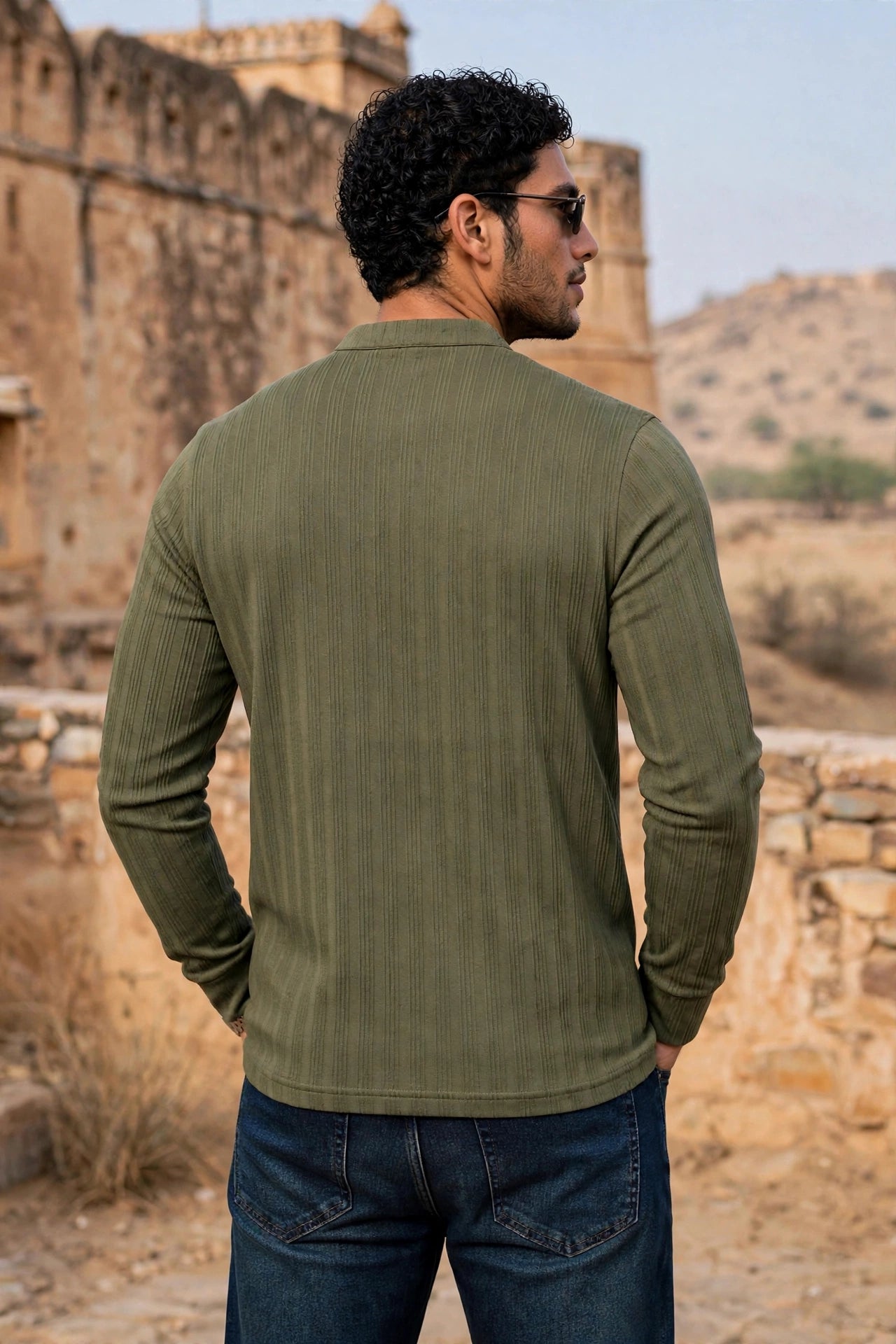 Men Olive Textured Ribbed Henley T-Shirt | Long Sleeve Mandarin Collar ATL6503