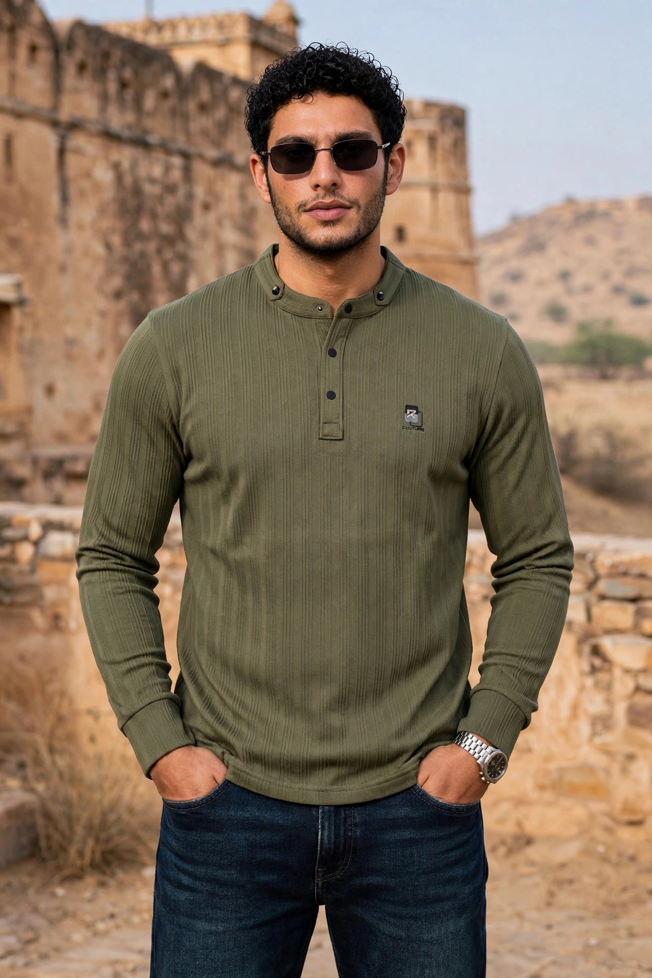 Men Olive Textured Ribbed Henley T-Shirt | Long Sleeve Mandarin Collar ATL6503