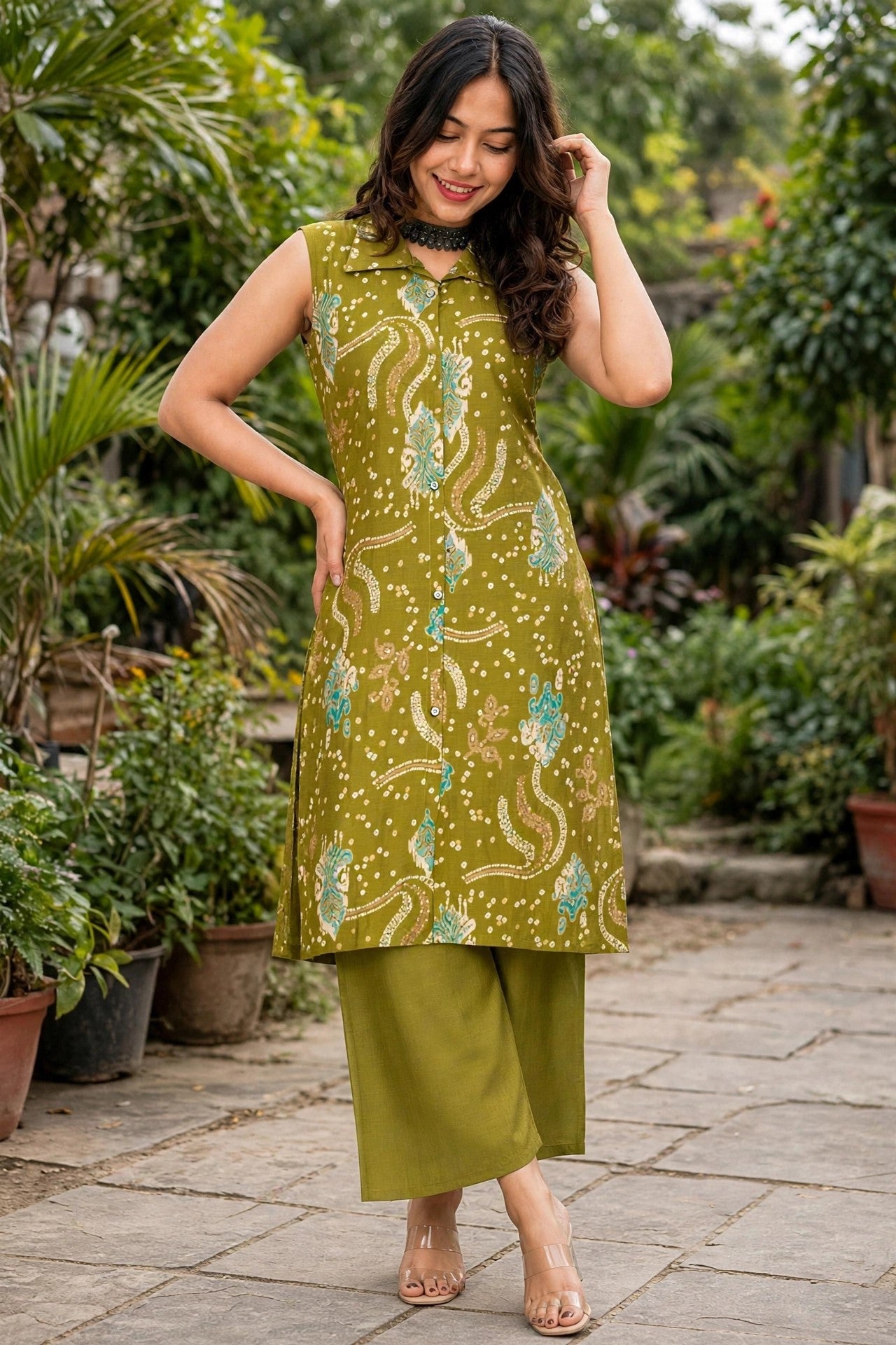 Women Green Bandhani Printed Sleeveless Kurta & Plazo Coord Set SHALINI-269