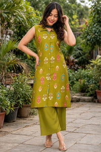 Women Teal Green Ikat Printed Sleeveless Kurta & Plazo Coord Set SHALINI-282