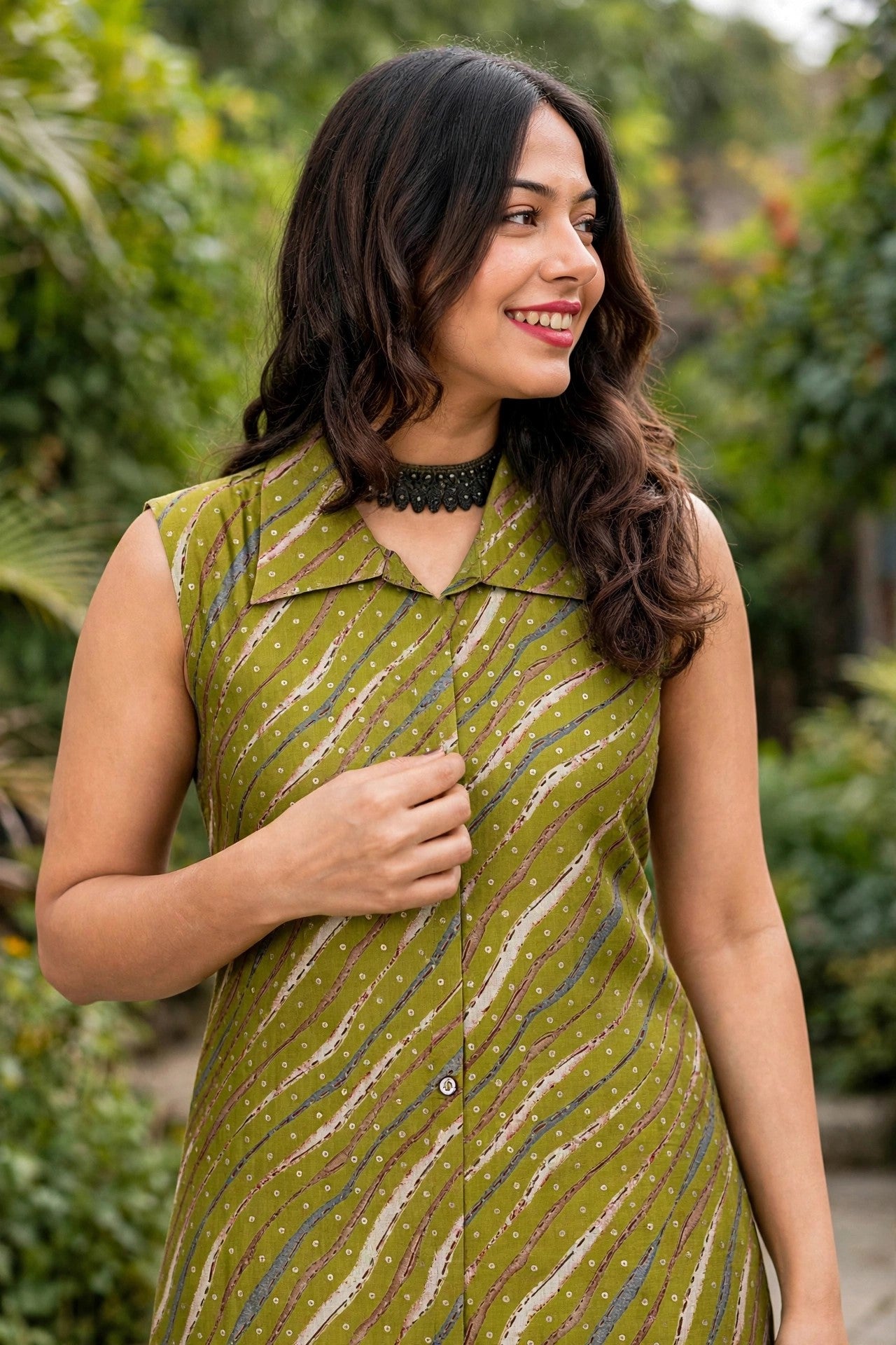 Women Green Leheriya Printed Sleeveless Kurta & Plazo Coord Set SHALINI-278