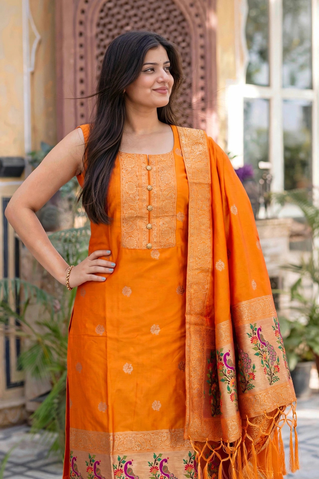 Women Golden Banarasi Silk Sleeveless Paithani Suit - Portrait View