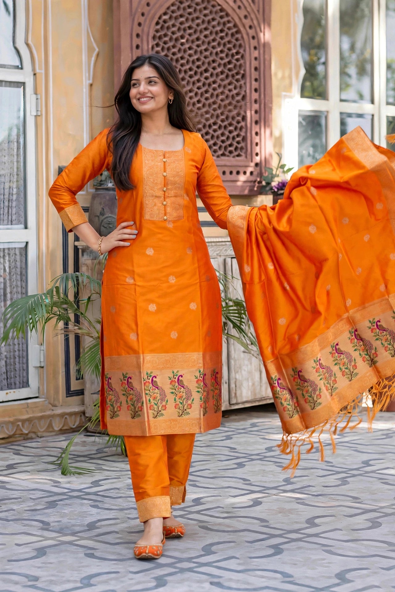 Women Golden Banarasi Silk Sleeveless Paithani Suit | Peacock Zari Work Straight Kurta Pant Dupatta Set ATL1001