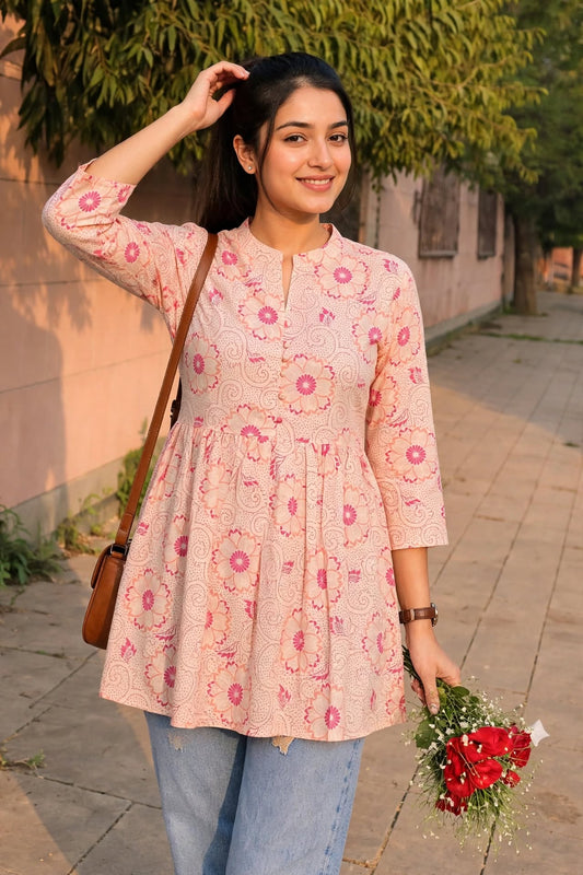 Women Orange Floral Cotton Short Frock Kurti - 3/4 Sleeves ATL5255