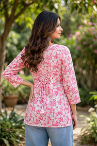 Women Pink Floral Leaf Print With Backlace Short Kurti 3561