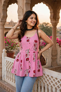 Women Pink Floral Cotton Short Top - Sleeveless Peplum Kurti ATL2154