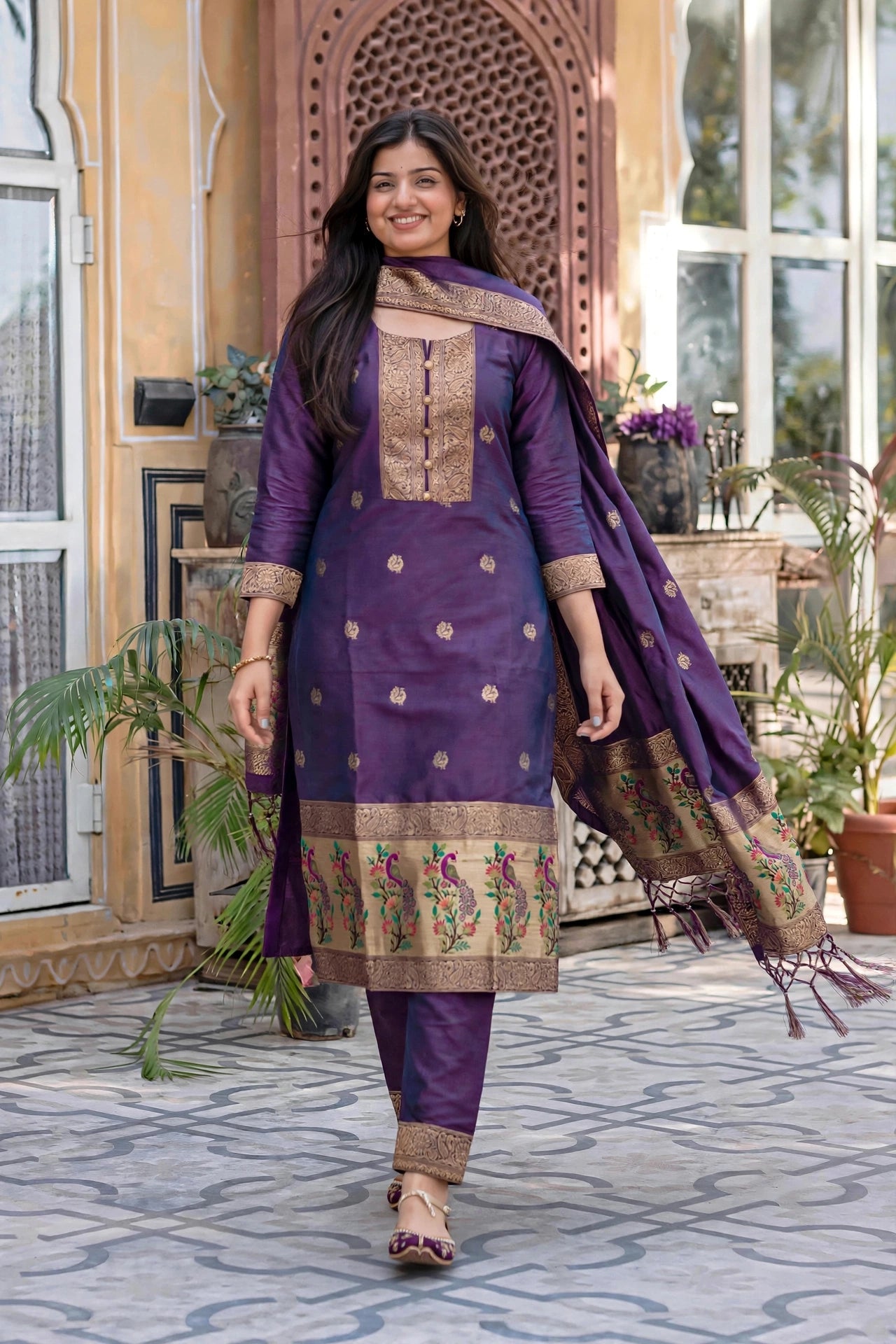 Women Purple Banarasi Silk Sleeveless Paithani Suit | Peacock Zari Work Straight Kurta Pant Dupatta Set ATL1001