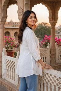 Women White Pink Embroidered Short Kurti - 3/4 Sleeves ATL9280