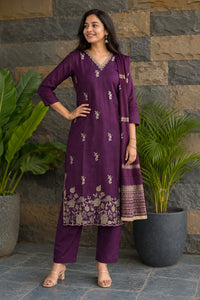 Women Wine Embroidered V-Neck Kurti & Pant Dupatta Set 151-314