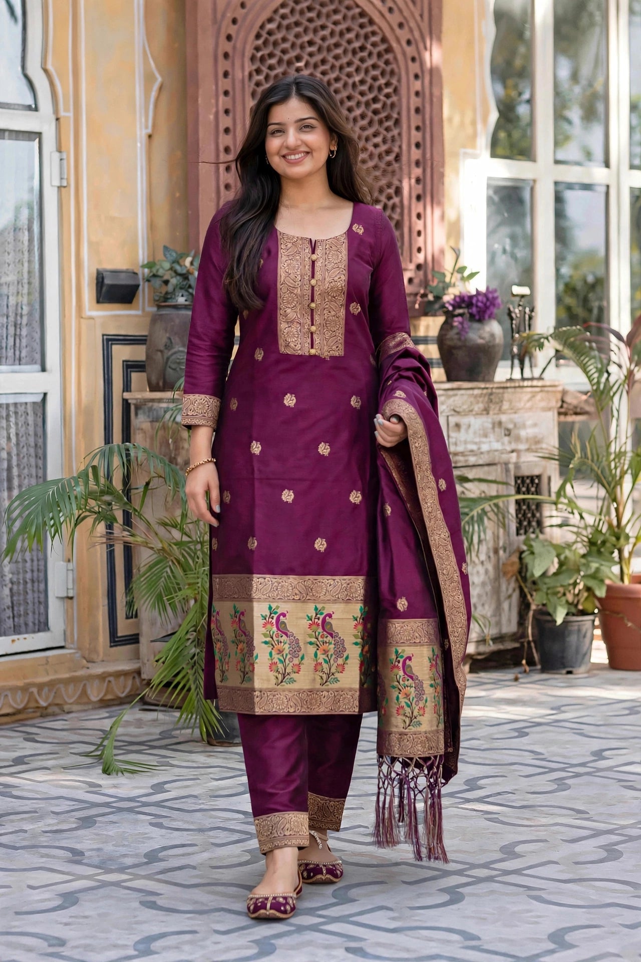 Women Wine Banarasi Silk Sleeveless Paithani Suit | Peacock Zari Work Straight Kurta Pant Dupatta Set ATL1001