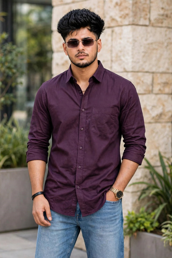 Men Wine Plain Full Sleeve Casual Shirt ZDOBBY