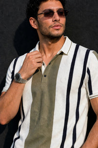 Men Pista & Black Striped Snap Button Polo T-Shirt ATL9244
