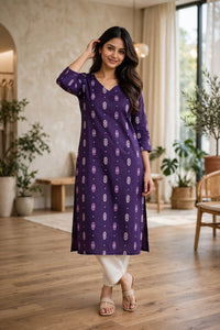 Women Purple Cotton Kurti - Front View