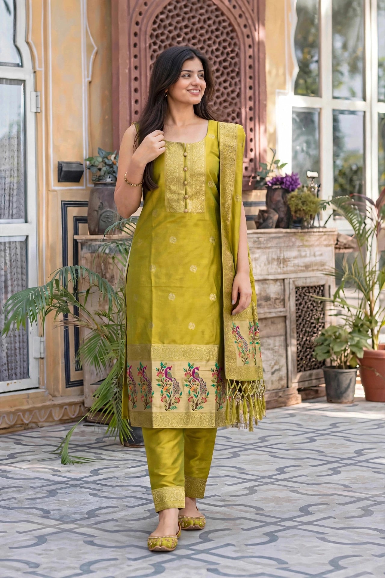 Women Green Banarasi Silk Sleeveless Paithani Suit - Front View
