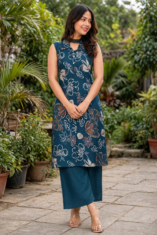 Women Blue Colour Floral Printed Sleeveless Kurta Plazo Co-ord Set SHALINI-273