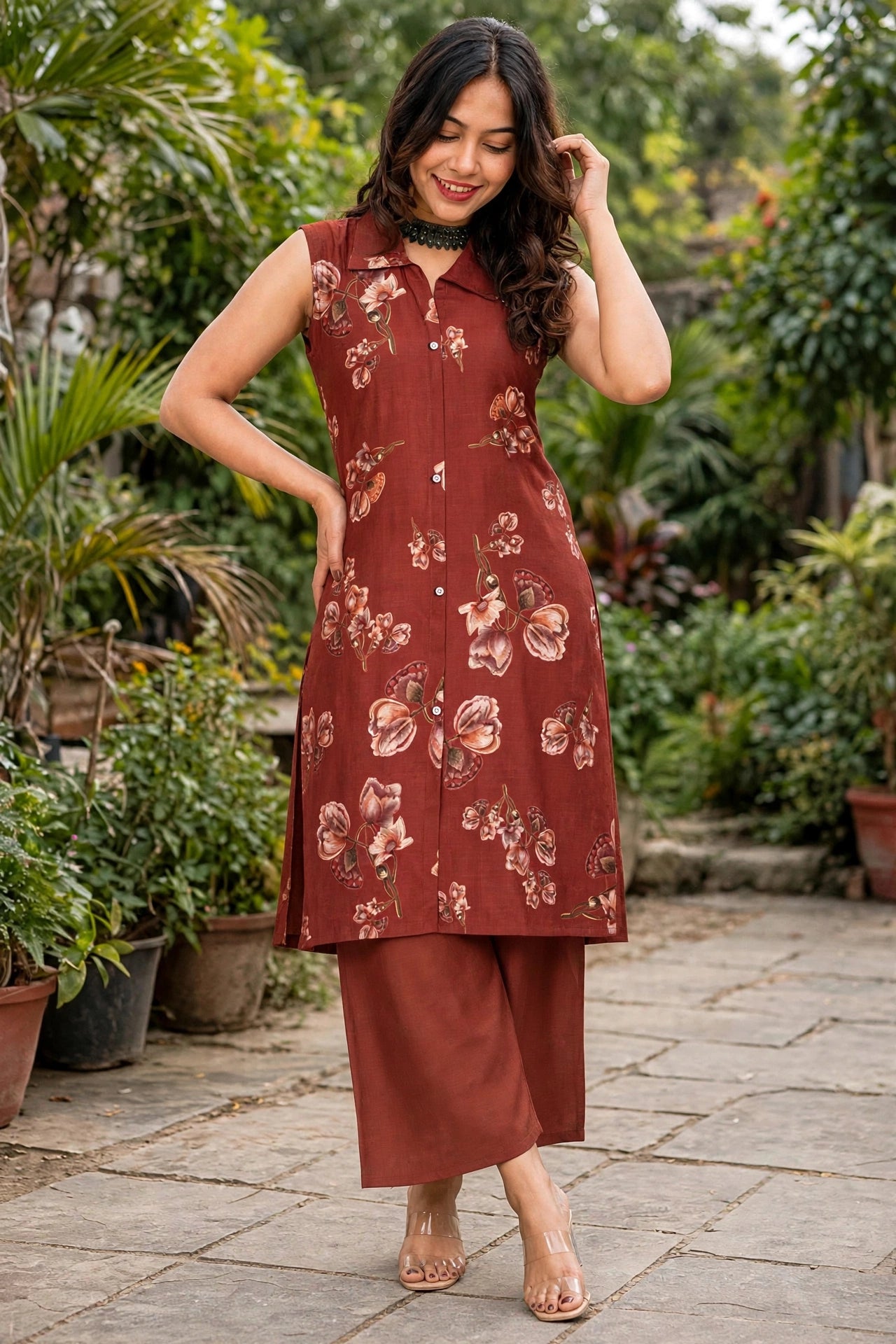 Women Rust Floral Printed Co-ord Set | Sleeveless Kurta & Plazo SHALINI-268