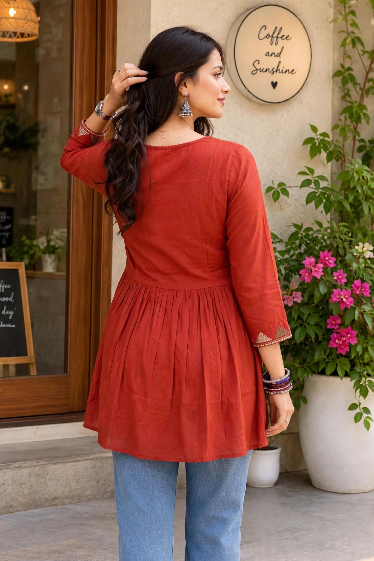 Women Rust Short Kurti - Embroidered Yoke - 3/4 Sleeve ATL5271