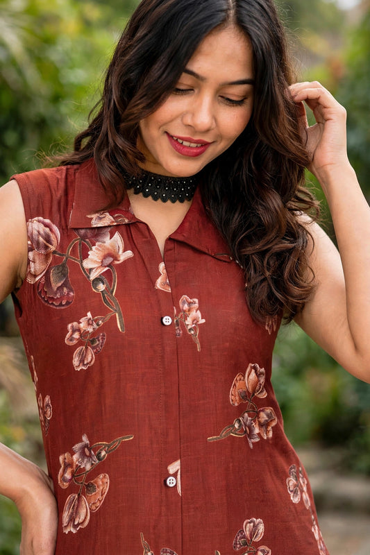 Women Rust Floral Printed Co-ord Set | Sleeveless Kurta & Plazo SHALINI-268