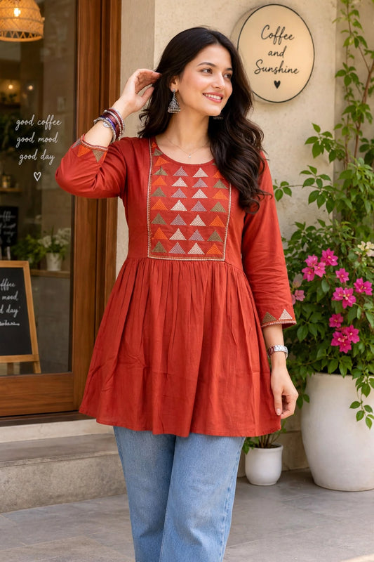 Women Rust Short Kurti - Embroidered Yoke - 3/4 Sleeve ATL5271