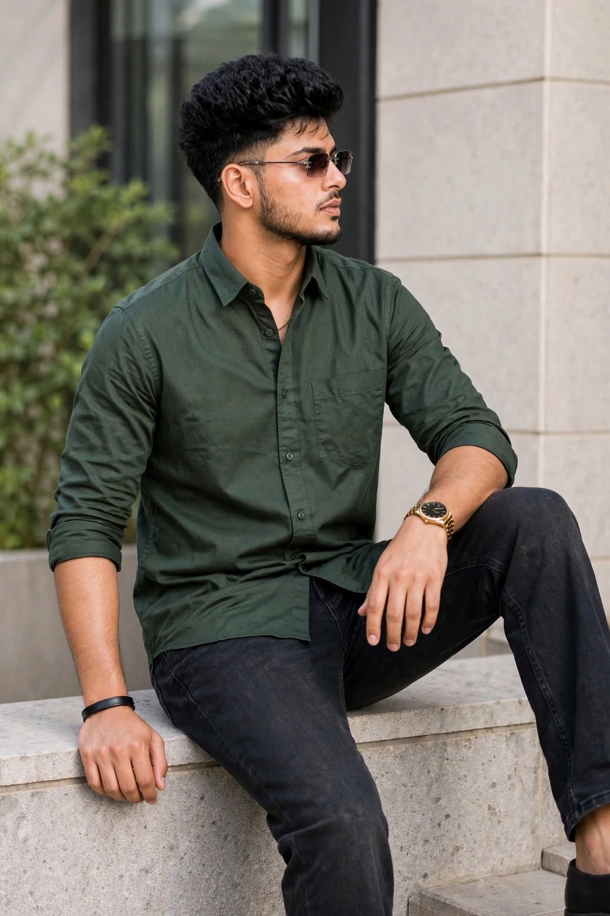 Men Green Plain Full Sleeve Casual Shirt ZDOBBY