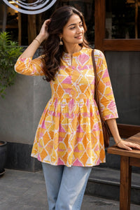 Women Yellow Floral Cotton Short Frock Kurti - 3/4 Sleeves ATL5255
