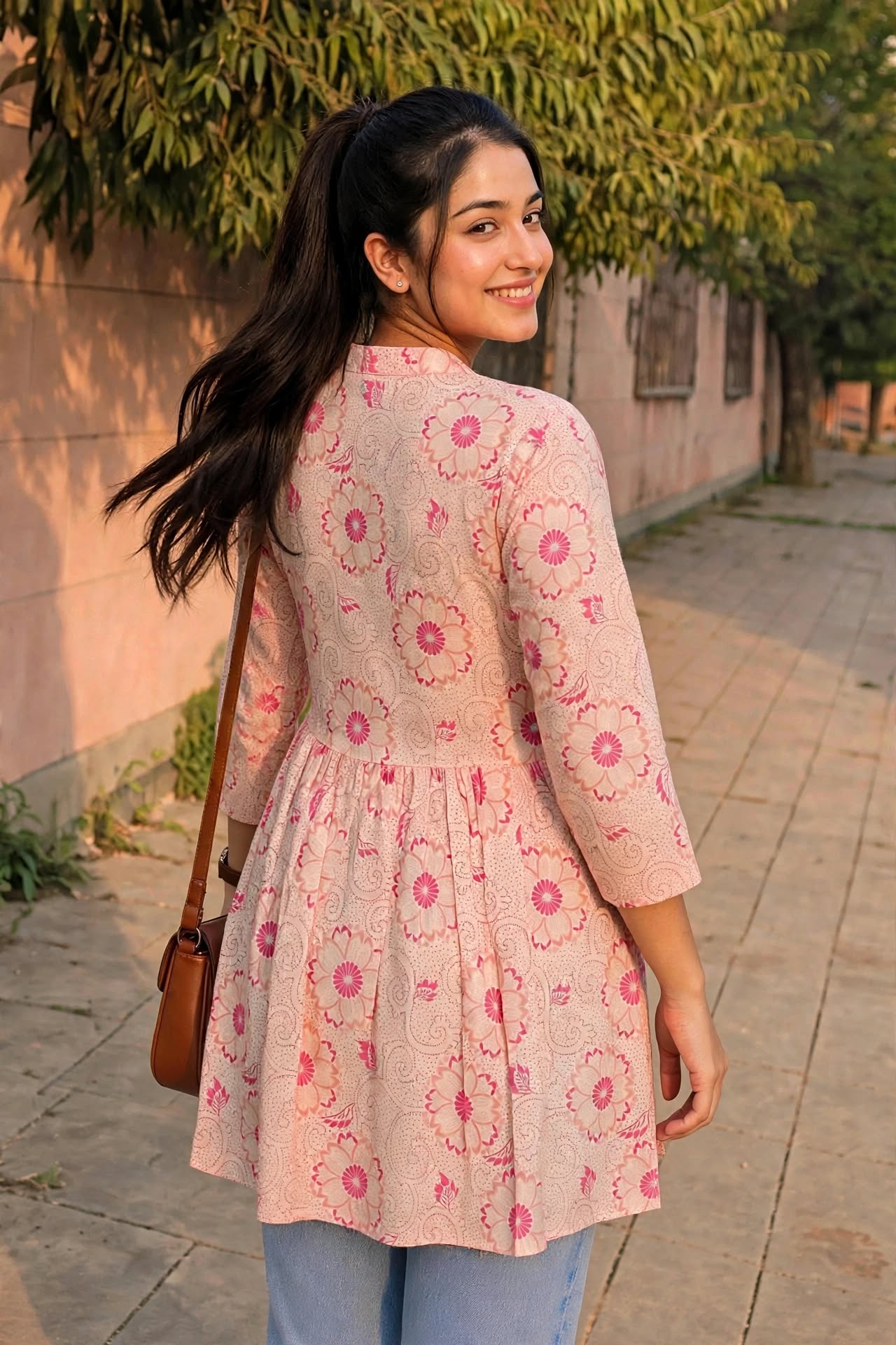 Women Orange Floral Cotton Short Frock Kurti - 3/4 Sleeves ATL5255