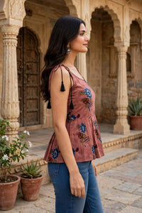 Women Rust Floral Printed Short Kurti - Sleeveless Peplum Top with Tassels ATL7194