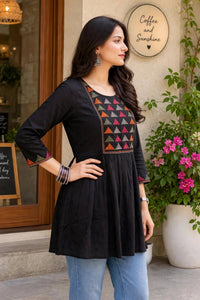 Women Black Short Kurti - Embroidered Yoke - 3/4 Sleeve ATL5271