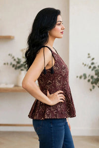 Women Coffee Floral Printed Short Kurti - Sleeveless Peplum Top with Tassels ATL7194