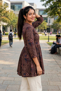 Women Brown Floral Cotton Short Frock Kurti - 3/4 Sleeves ATL5255