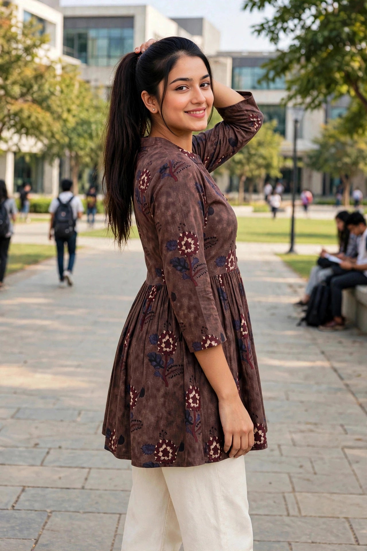 Women Brown Floral Cotton Short Frock Kurti - 3/4 Sleeves ATL5255