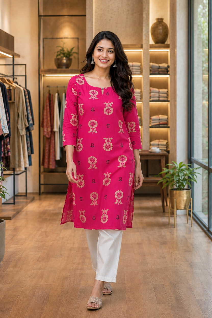 Women Pink Beige Floral Cotton Kurti - Stylish Pose