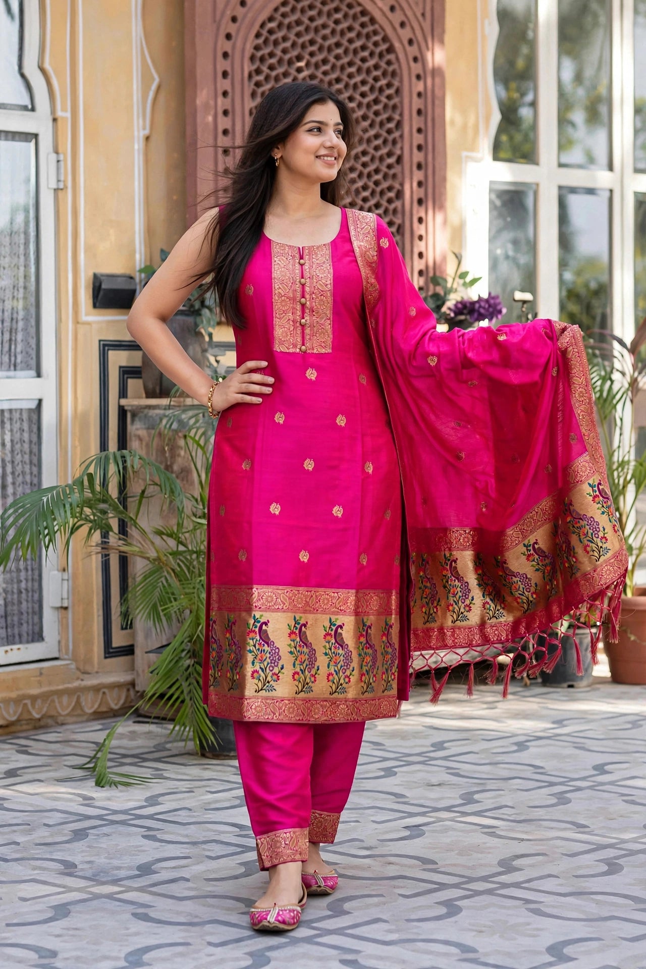 Women Rani Banarasi Silk Sleeveless Paithani Suit | Peacock Zari Work Straight Kurta Pant Dupatta Set ATL1001