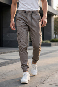 Men Grey Cargo Jogger Pants - 6 Pocket Slim Fit P-402