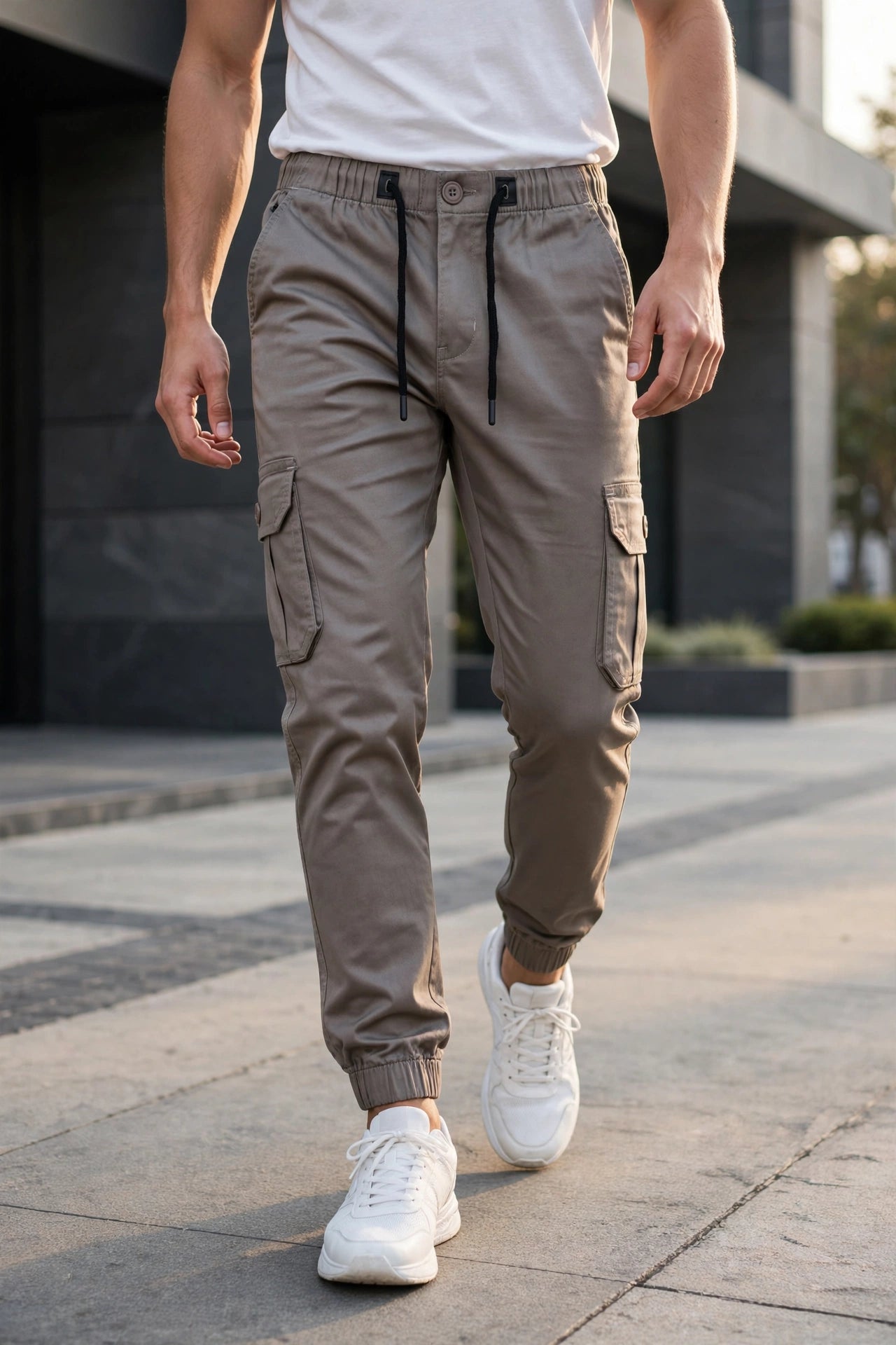Men Grey Cargo Jogger Pants - 6 Pocket Slim Fit P-402