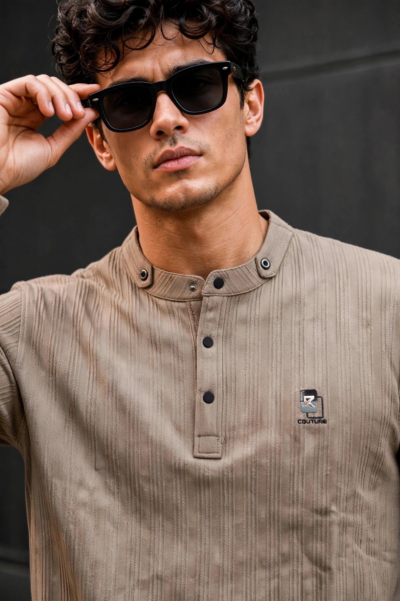 Men Brown Textured Ribbed Henley T-Shirt | Long Sleeve Mandarin Collar ATL6503