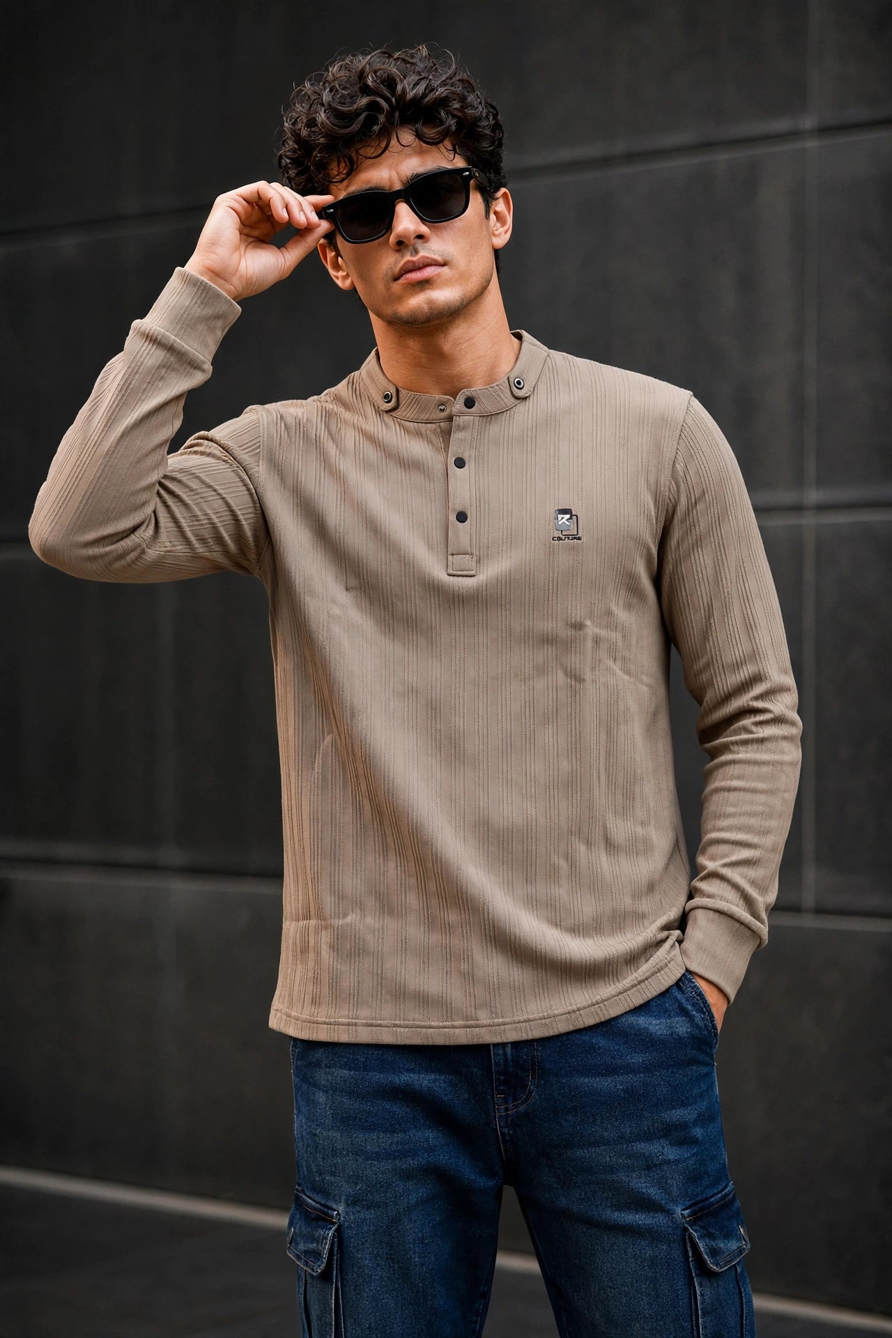 Men Brown Textured Ribbed Henley T-Shirt | Long Sleeve Mandarin Collar ATL6503