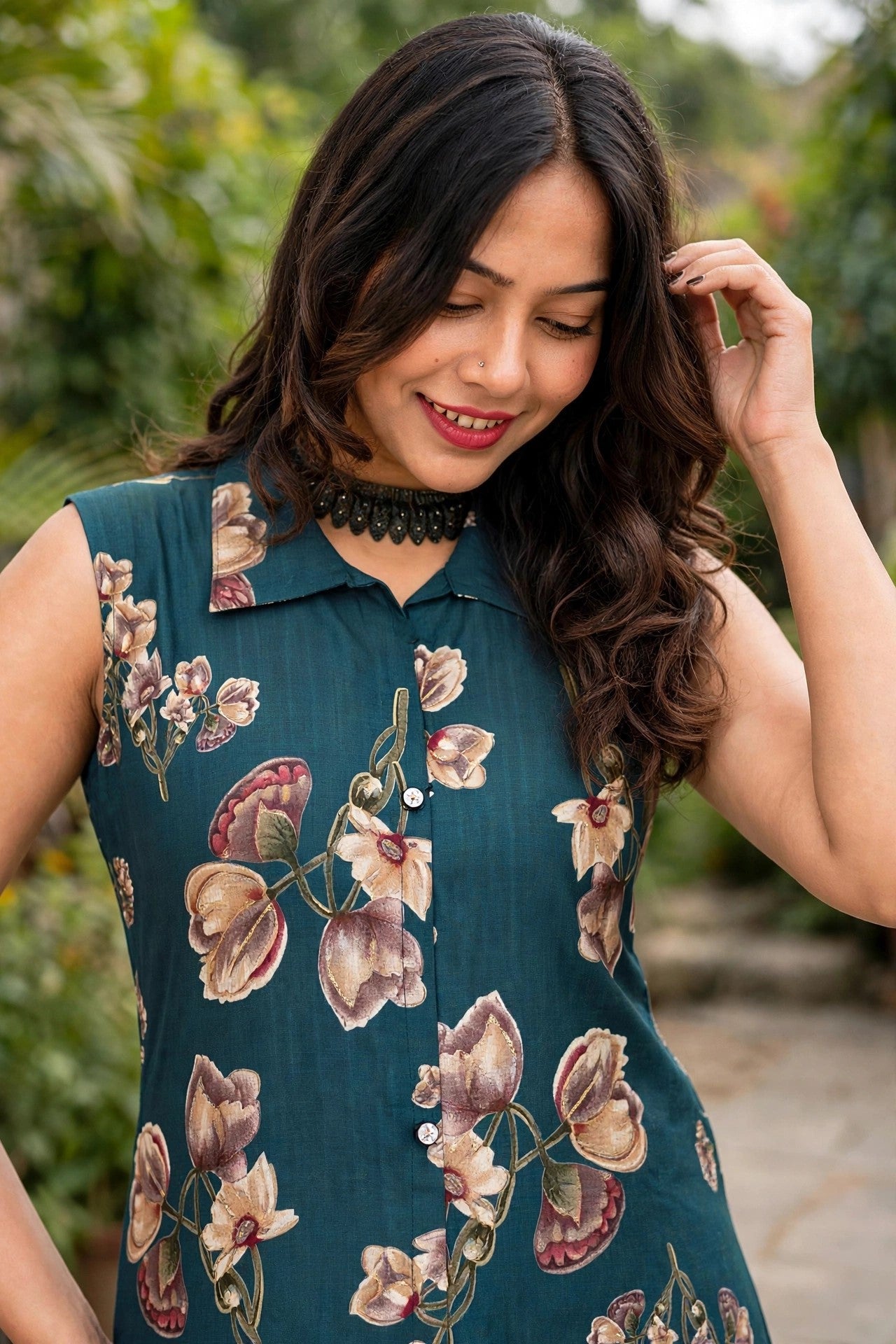 Women Teal Blue Floral Printed Co-ord Set | Sleeveless Kurta & Plazo SHALINI-268