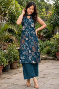 Women Blue Colour Floral Printed Sleeveless Kurta Plazo Co-ord Set SHALINI-273