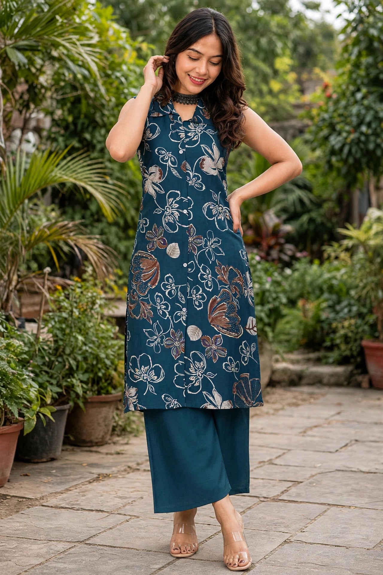 Women Blue Colour Floral Printed Sleeveless Kurta Plazo Co-ord Set SHALINI-273