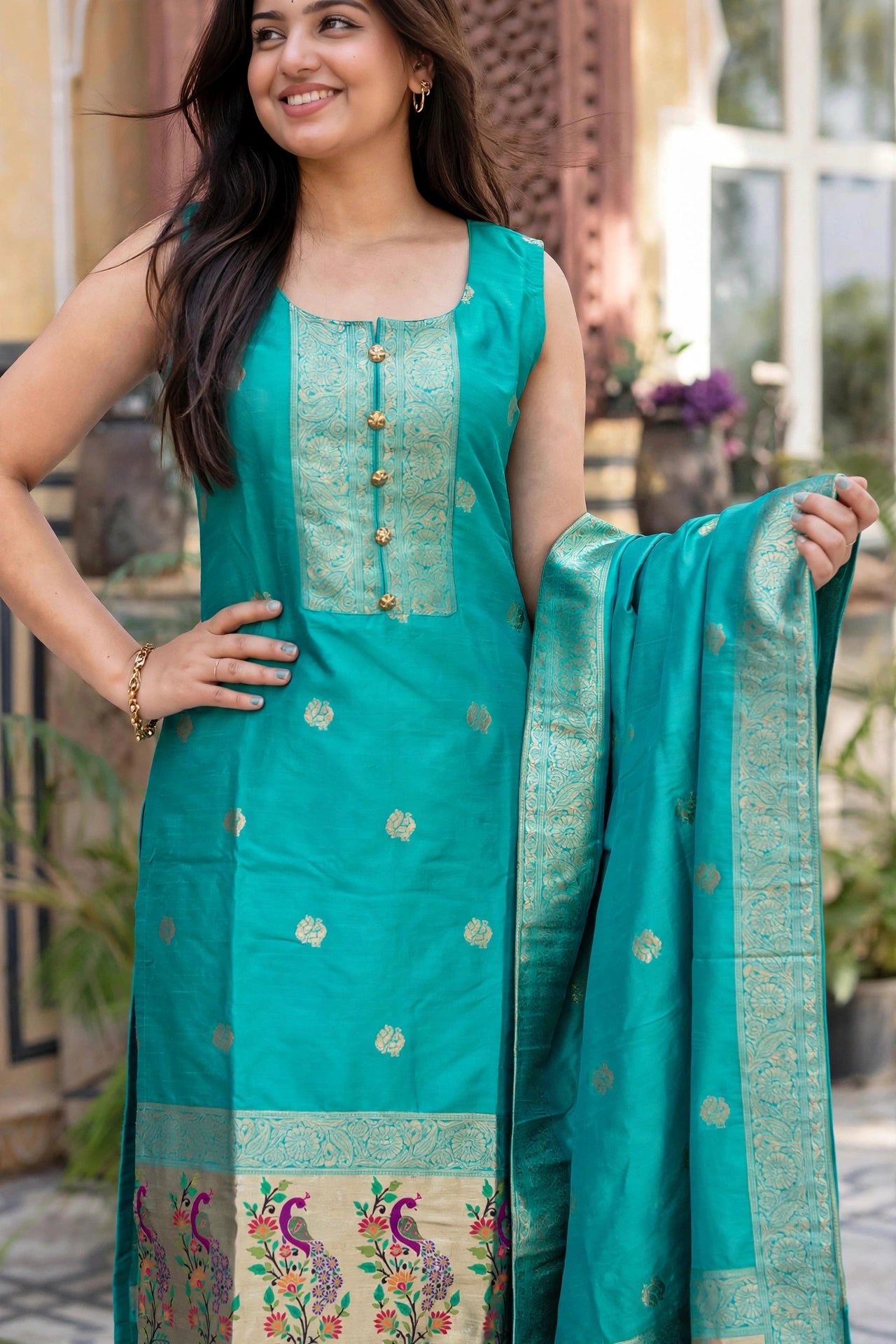 Women Rama Green Banarasi Silk Sleeveless Paithani Suit | Peacock Zari Work Straight Kurta Pant Dupatta Set ATL1001