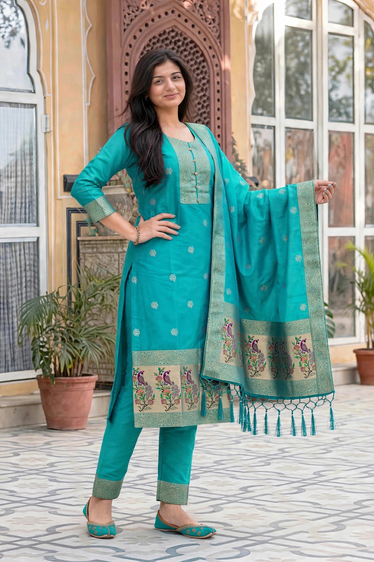 Women Rama Green Banarasi Silk Sleeveless Paithani Suit | Peacock Zari Work Straight Kurta Pant Dupatta Set ATL1001