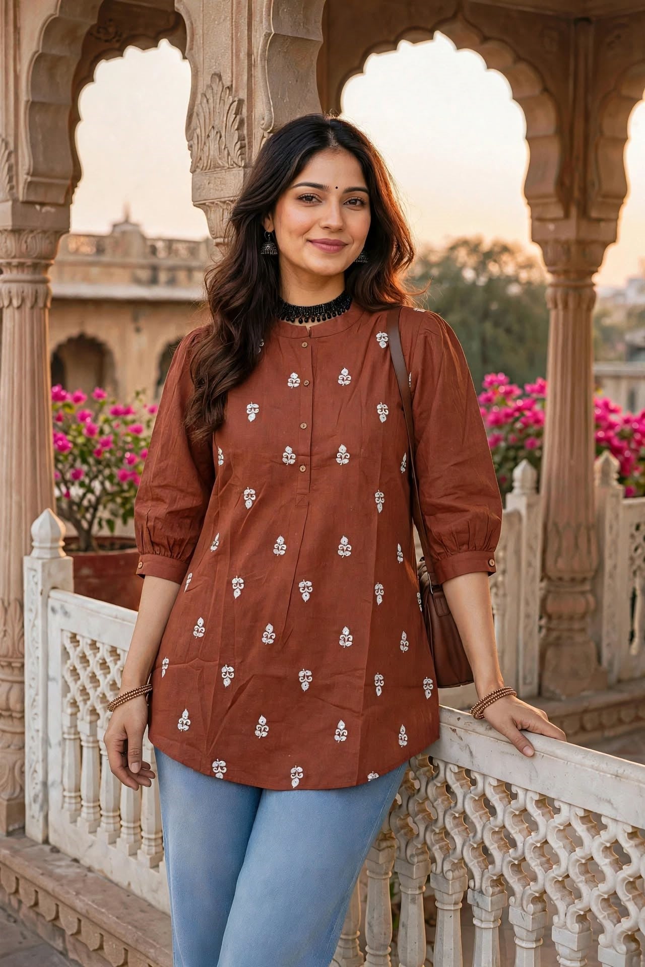 Women Brown White Embroidered Short Kurti - 3/4 Sleeves ATL9280