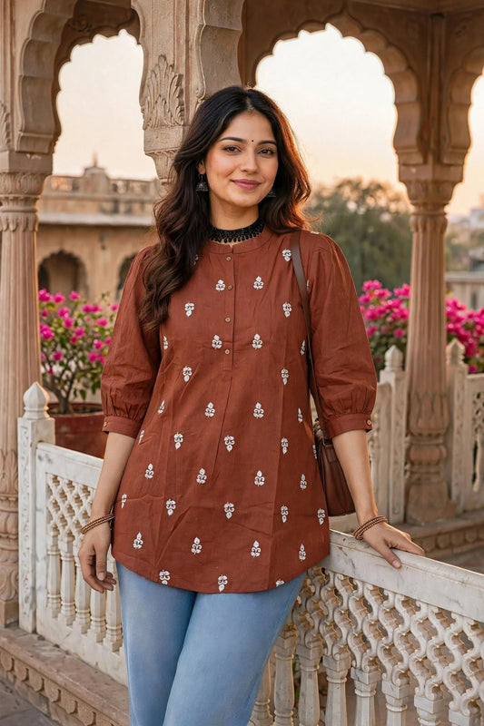 Women Brown White Embroidered Short Kurti - 3/4 Sleeves ATL9280