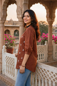 Women Brown White Embroidered Short Kurti - 3/4 Sleeves ATL9280