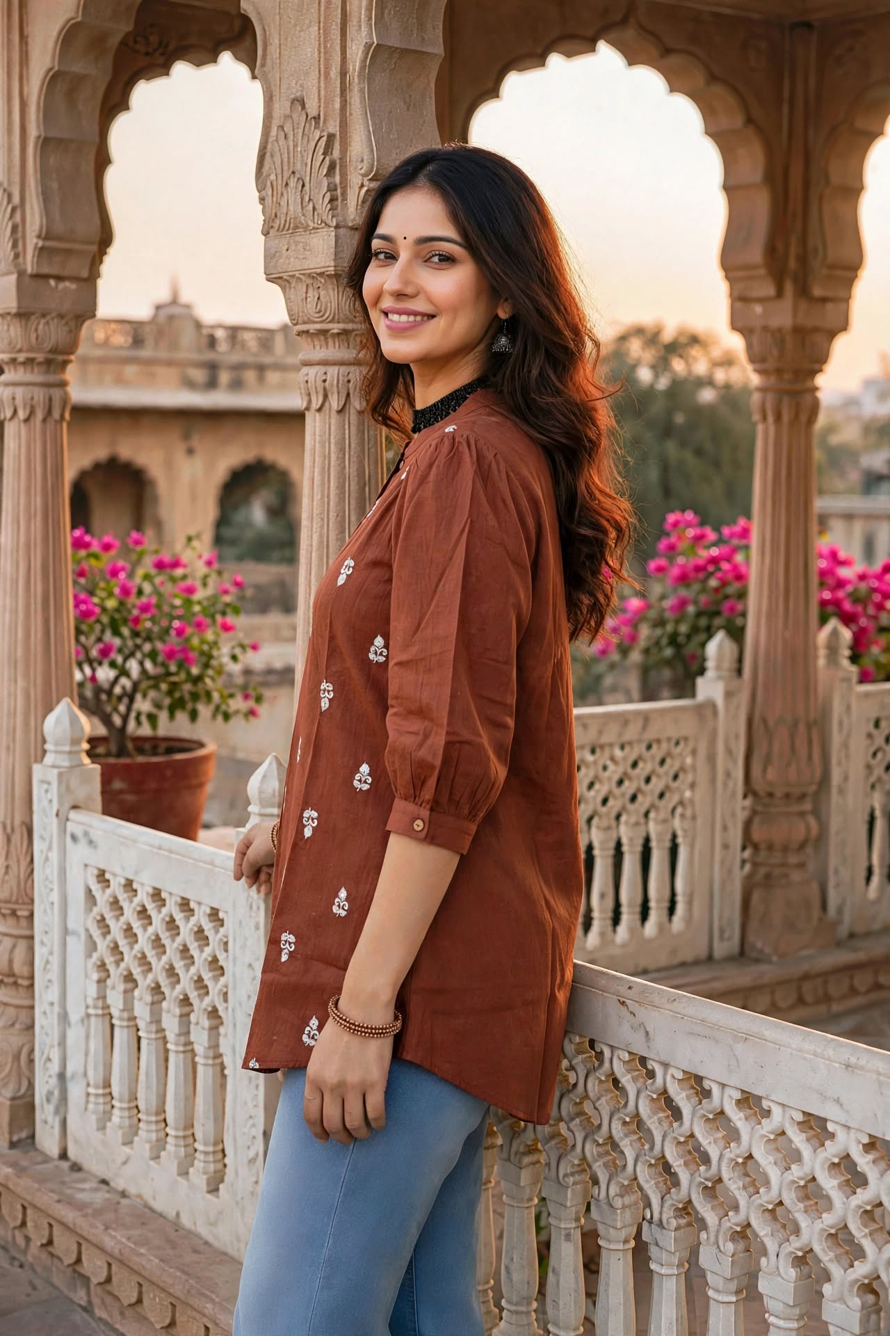Women Brown White Embroidered Short Kurti - 3/4 Sleeves ATL9280