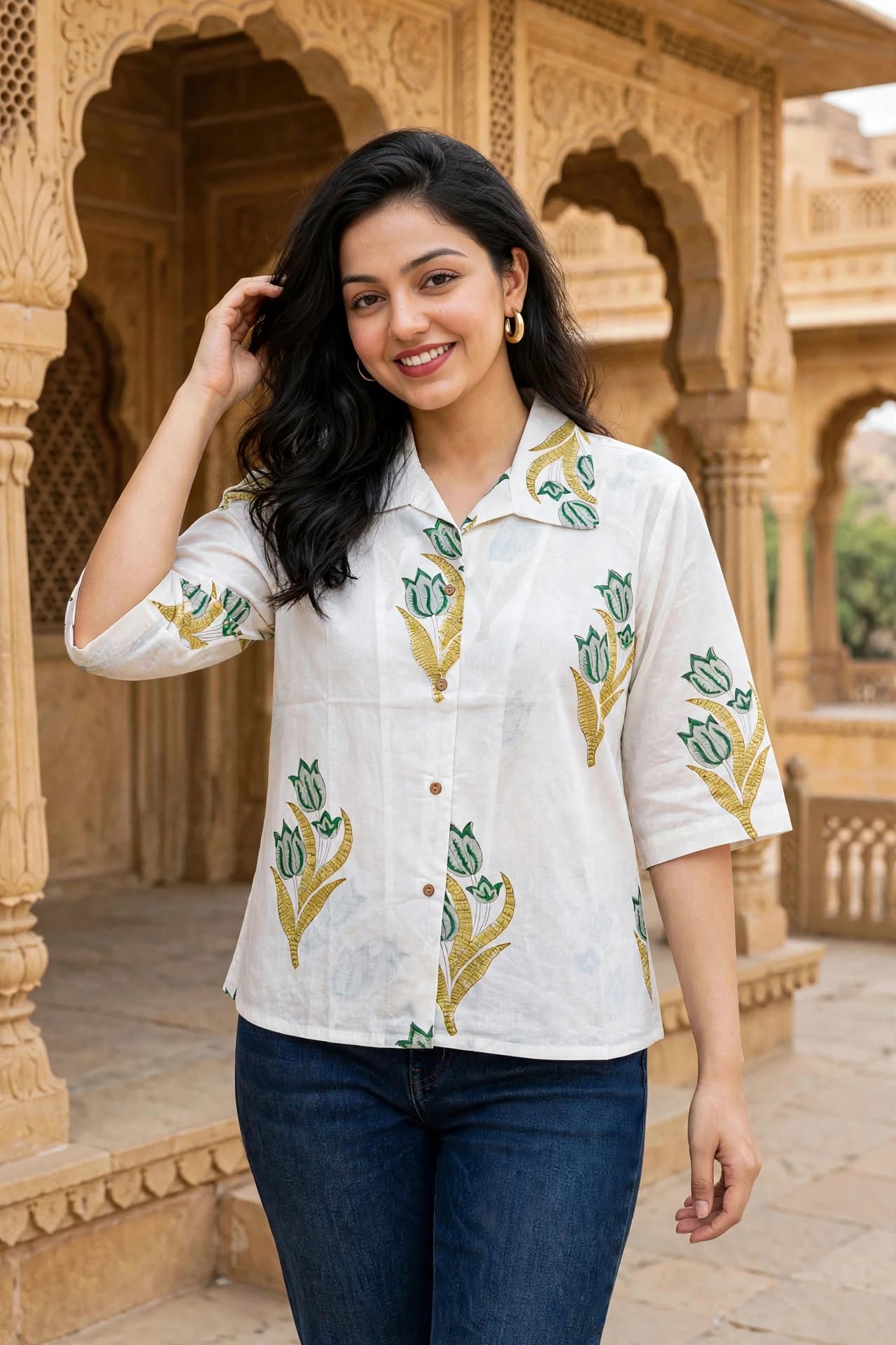 Women White Floral Printed Cotton Shirt - 3/4 Sleeves ATL8238