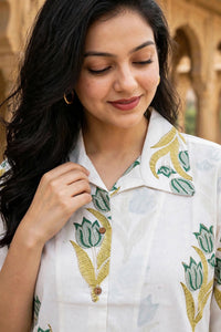 Women White Floral Printed Cotton Shirt - 3/4 Sleeves ATL8238