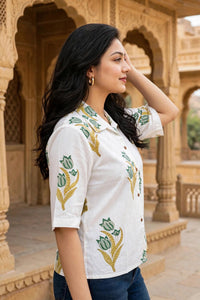 Women White Floral Printed Cotton Shirt - 3/4 Sleeves ATL8238
