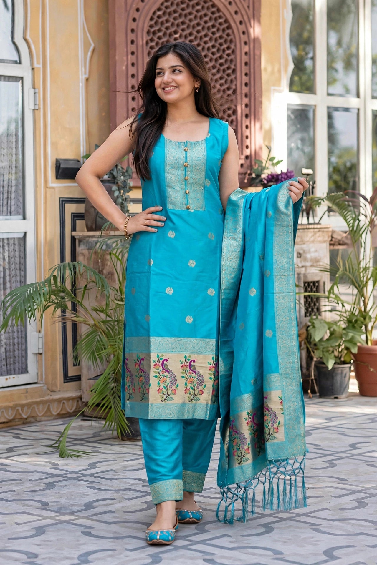 Women Mint Green Banarasi Silk Sleeveless Paithani Suit | Peacock Zari Work Straight Kurta Pant Dupatta Set ATL1001